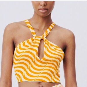 Zara Orange Yellow Swirl Print Crop Halter Top Keyhole Neckline Size Small